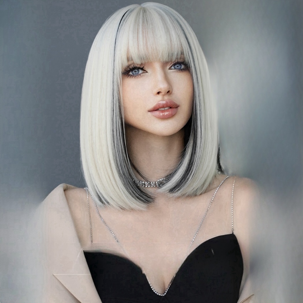 Women Wigs Platinum Short Hair With Black Highlights Fashion Short Straight Wig